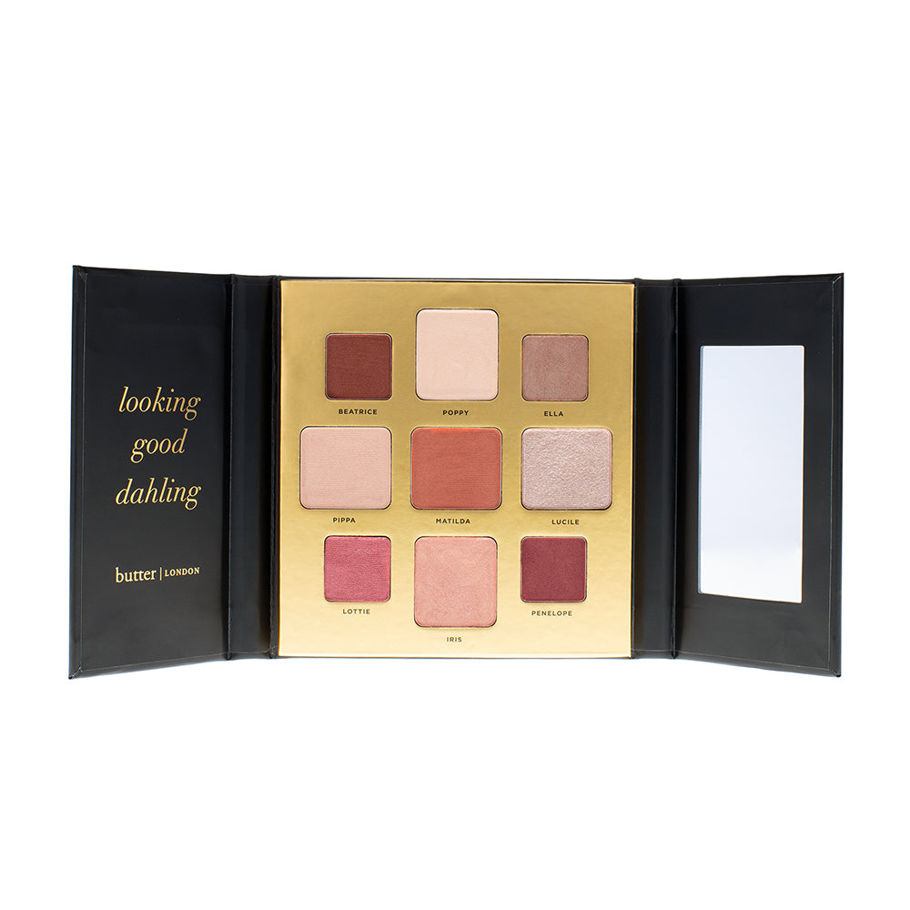 butter LONDON - (Pink, Nude, Peach) Teddy Girl 9-Piece Eyeshadow Palette, Full White Background.
